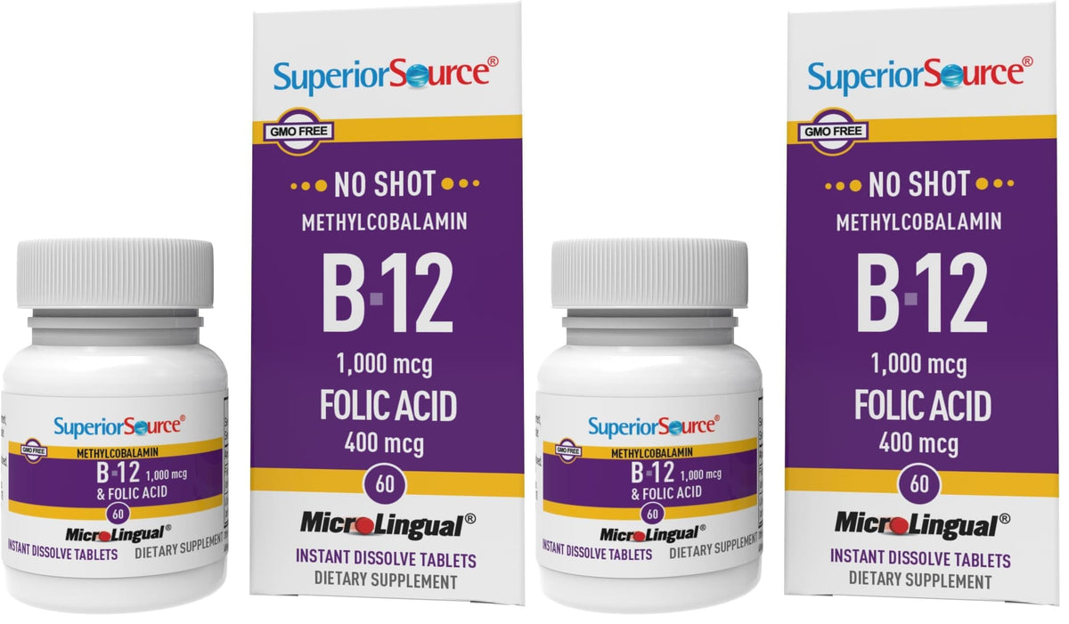 Front of Superior Source No Shot Methylcobalamin B12 with Folic Acid Multivitamin bottle - 60 Count (Pack of 2)