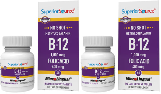 Front of Superior Source No Shot Methylcobalamin B12 with Folic Acid Multivitamin bottle - 60 Count (Pack of 2)