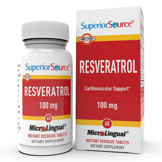 Front view of Superior Source Resveratrol 100 mg bottle and packaging