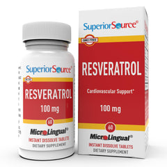 Front view of Superior Source Resveratrol 100 mg bottle and packaging