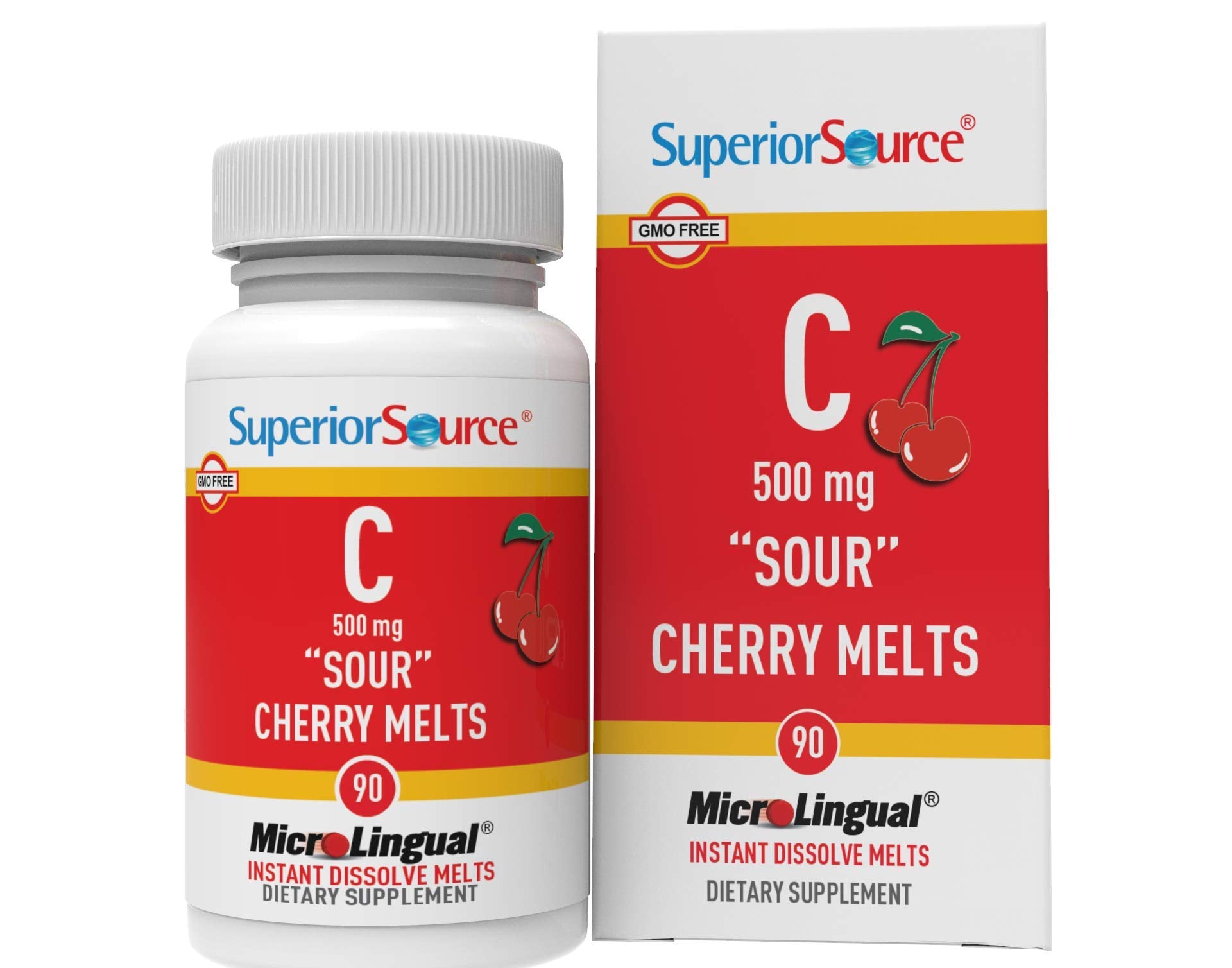 Close-up of Superior Source Vitamin C Sour Cherry Melts 500 mg tablet