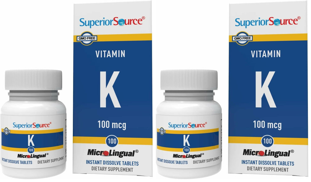 Front view of Superior Source Vitamin K 100 mcg bottle with blister packs
