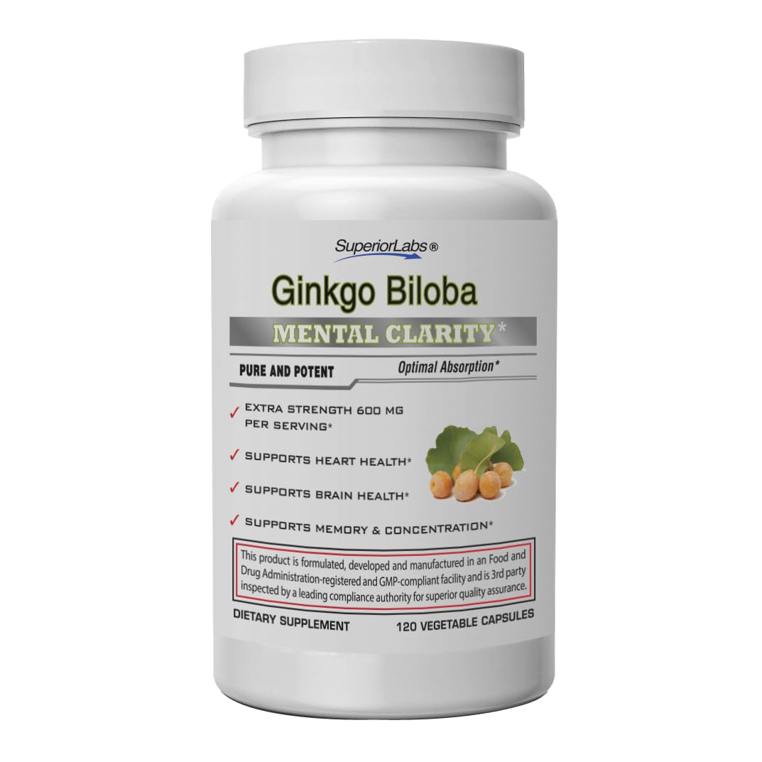 Bottle of SuperiorLabs Ginkgo Biloba 1200 mg with Non-GMO and Black Pepper for absorption