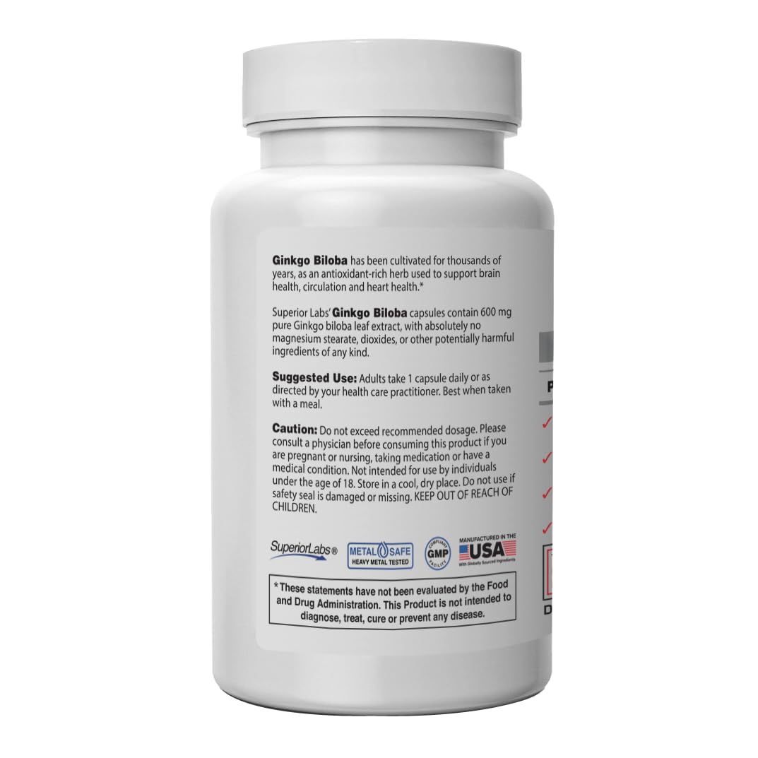Close-up of bottle showing Ginkgo Biloba 1200 mg and Black Pepper for absorption