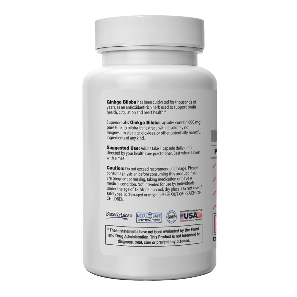 Close-up of bottle showing Ginkgo Biloba 1200 mg and Black Pepper for absorption