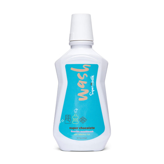 Bottle of SuperMouth Hydroxamin Fluoride Mouthwash with mint flavor