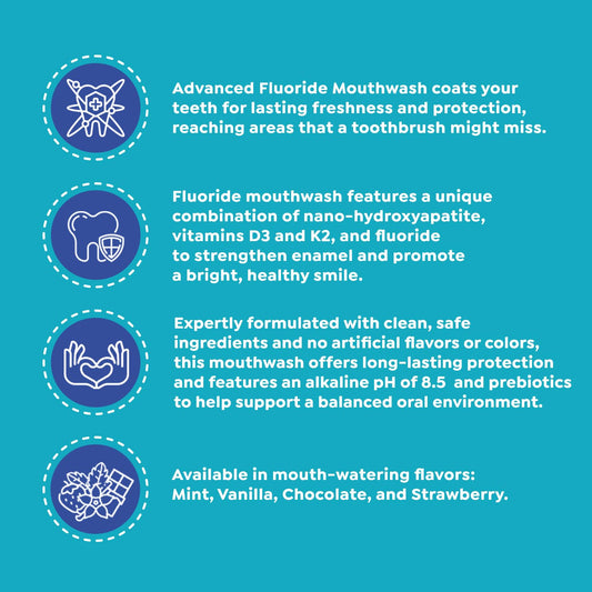 Bottle of SuperMouth Hydroxamin Fluoride Mouthwash with vanilla flavor