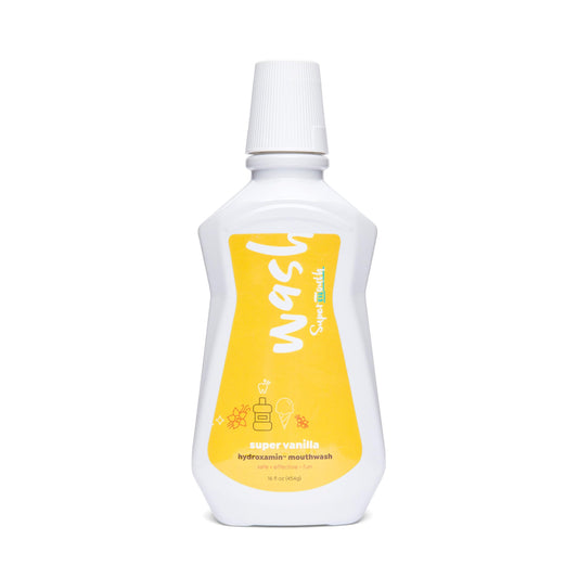 Bottle of SuperMouth Fluoride-Free Mouthwash with mint flavor