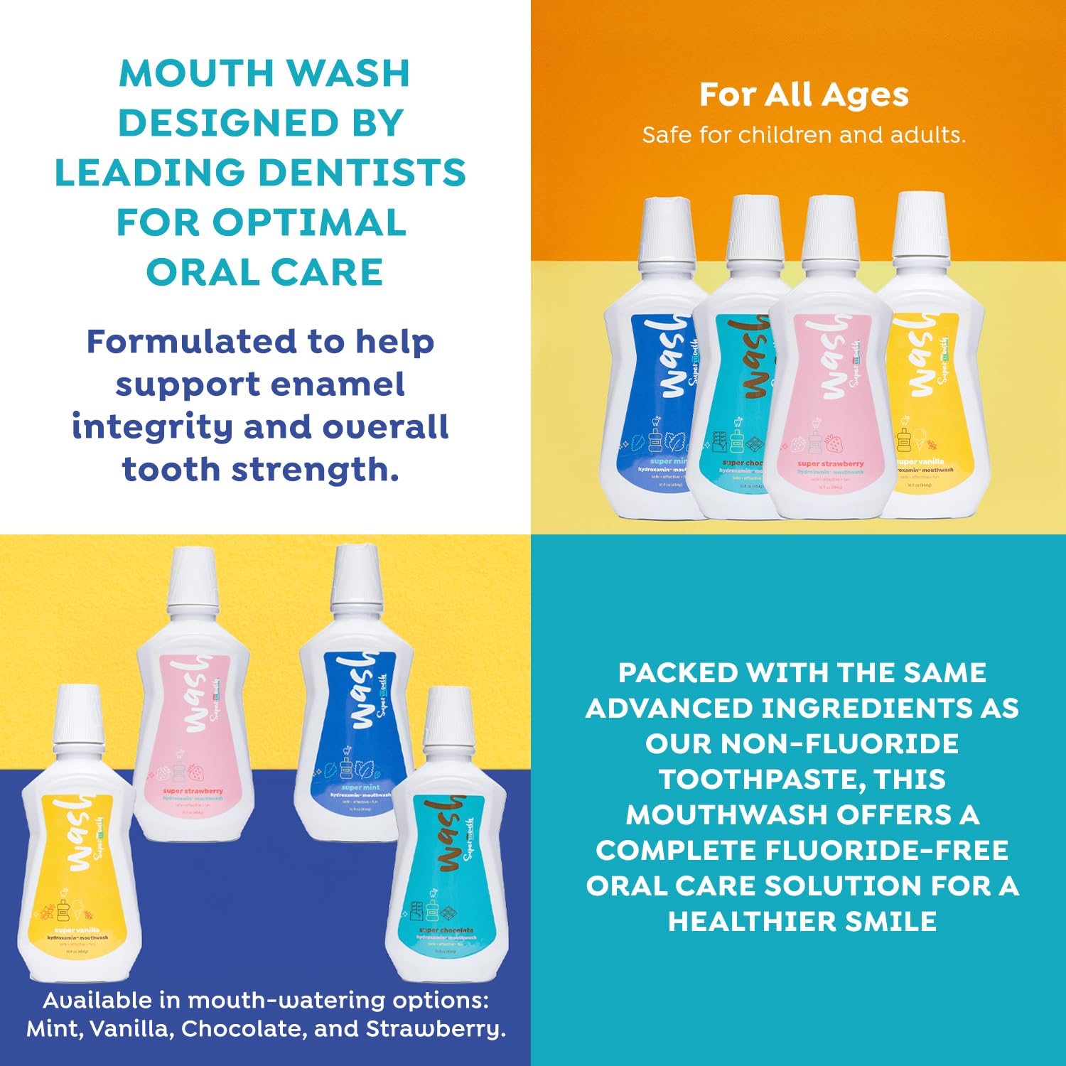 SuperMouth mouthwash bottle label showing fluoride-free enamel protection