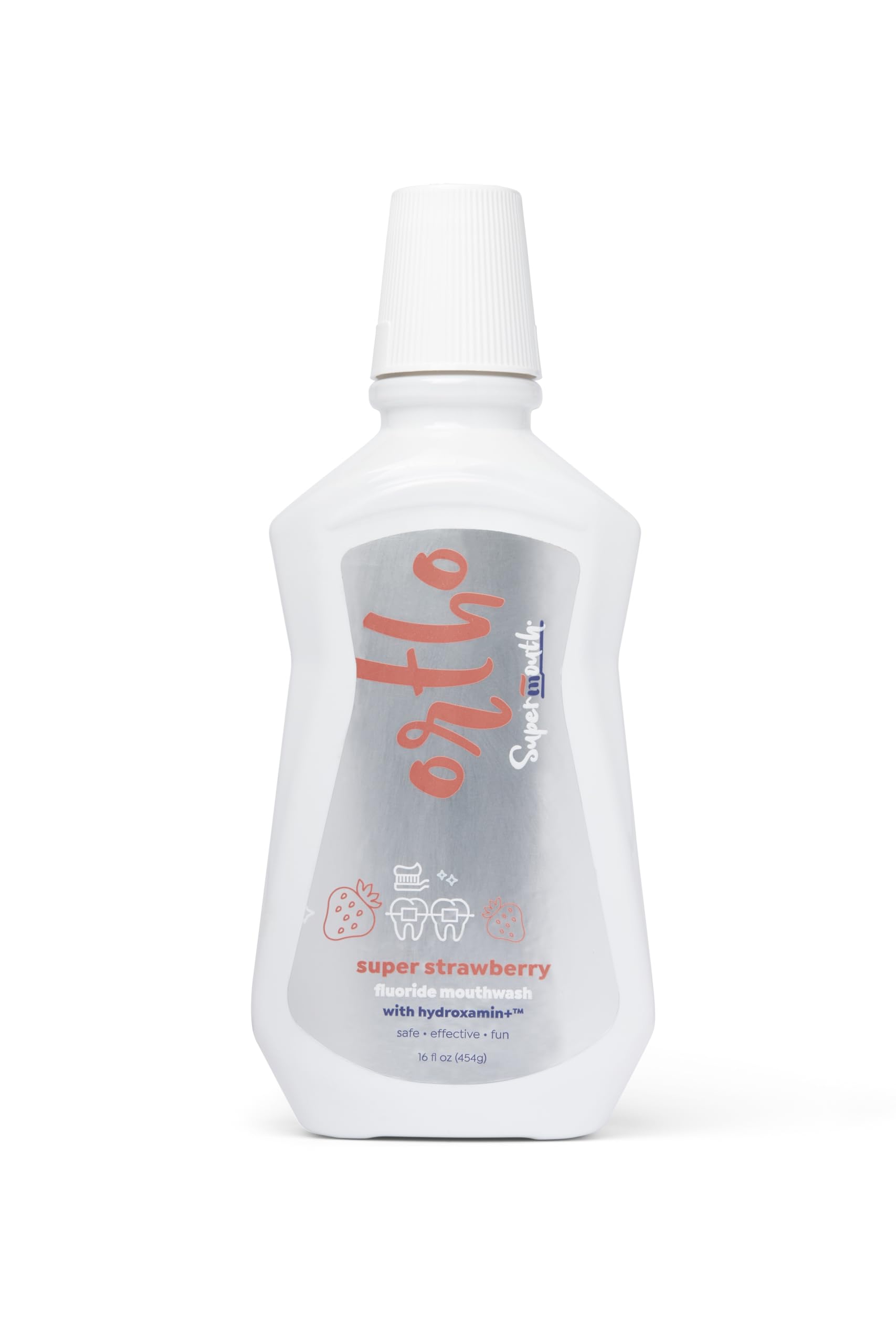 Bottle of SuperMouth Ortho Mouthwash with four flavors