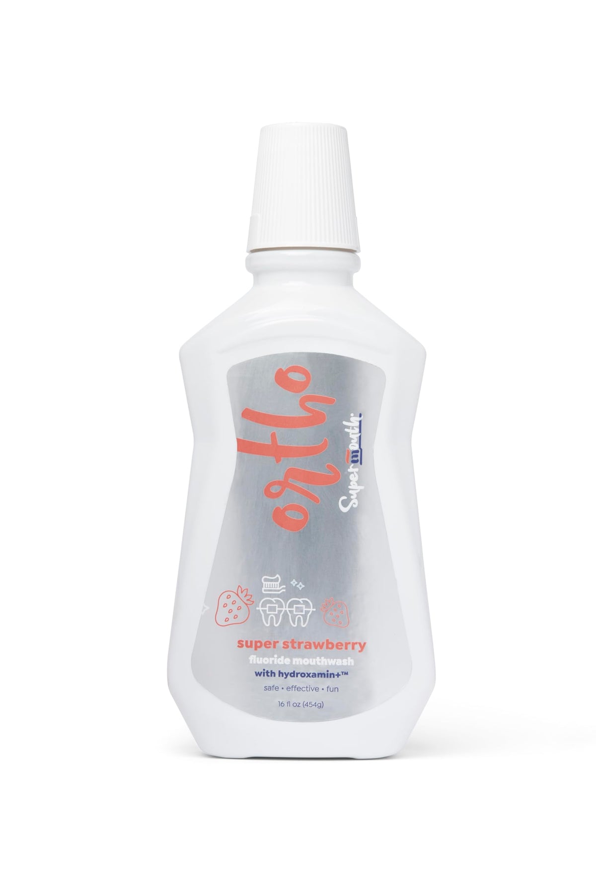 Bottle of SuperMouth Ortho Mouthwash with four flavors