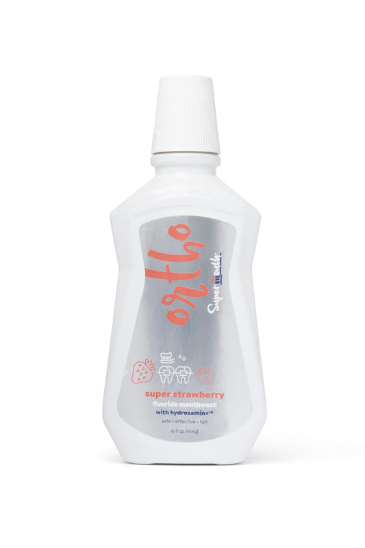 Bottle of SuperMouth Ortho Mouthwash with four flavors