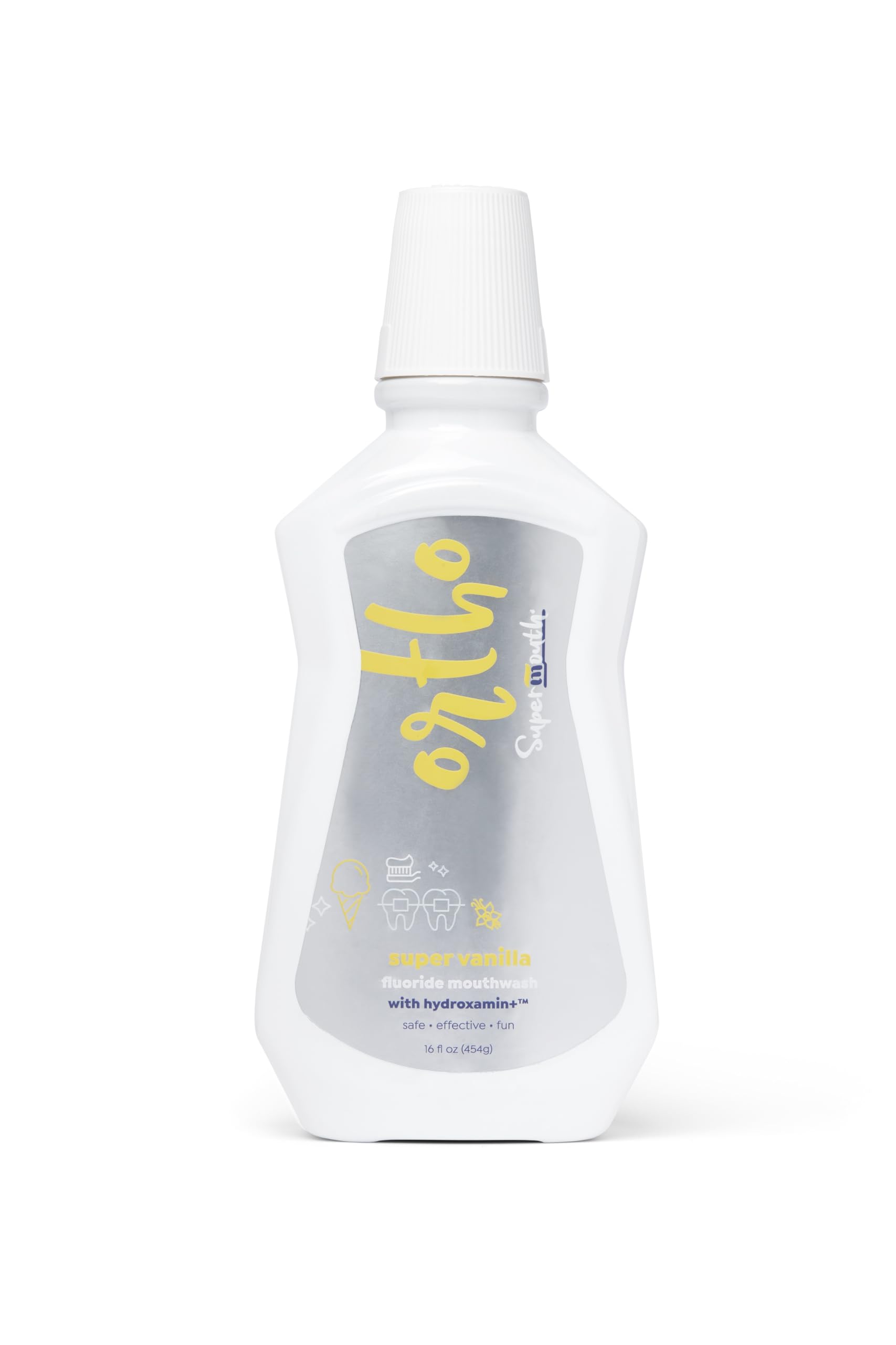 SuperMouth Ortho Mouthwash bottle highlighting Liquid Enamel Technology
