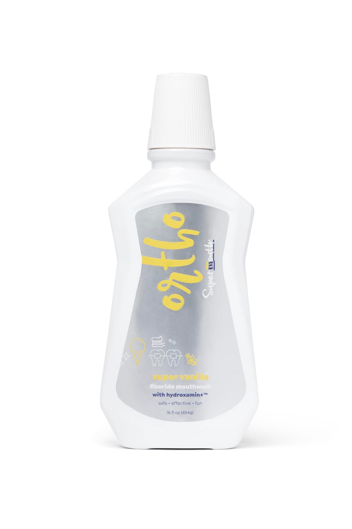 SuperMouth Ortho Mouthwash bottle highlighting Liquid Enamel Technology