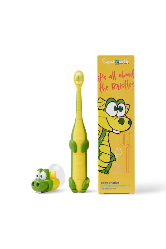 SuperMouth Toddler Toothbrush with superhero design featuring Tooth Keri & Bristles