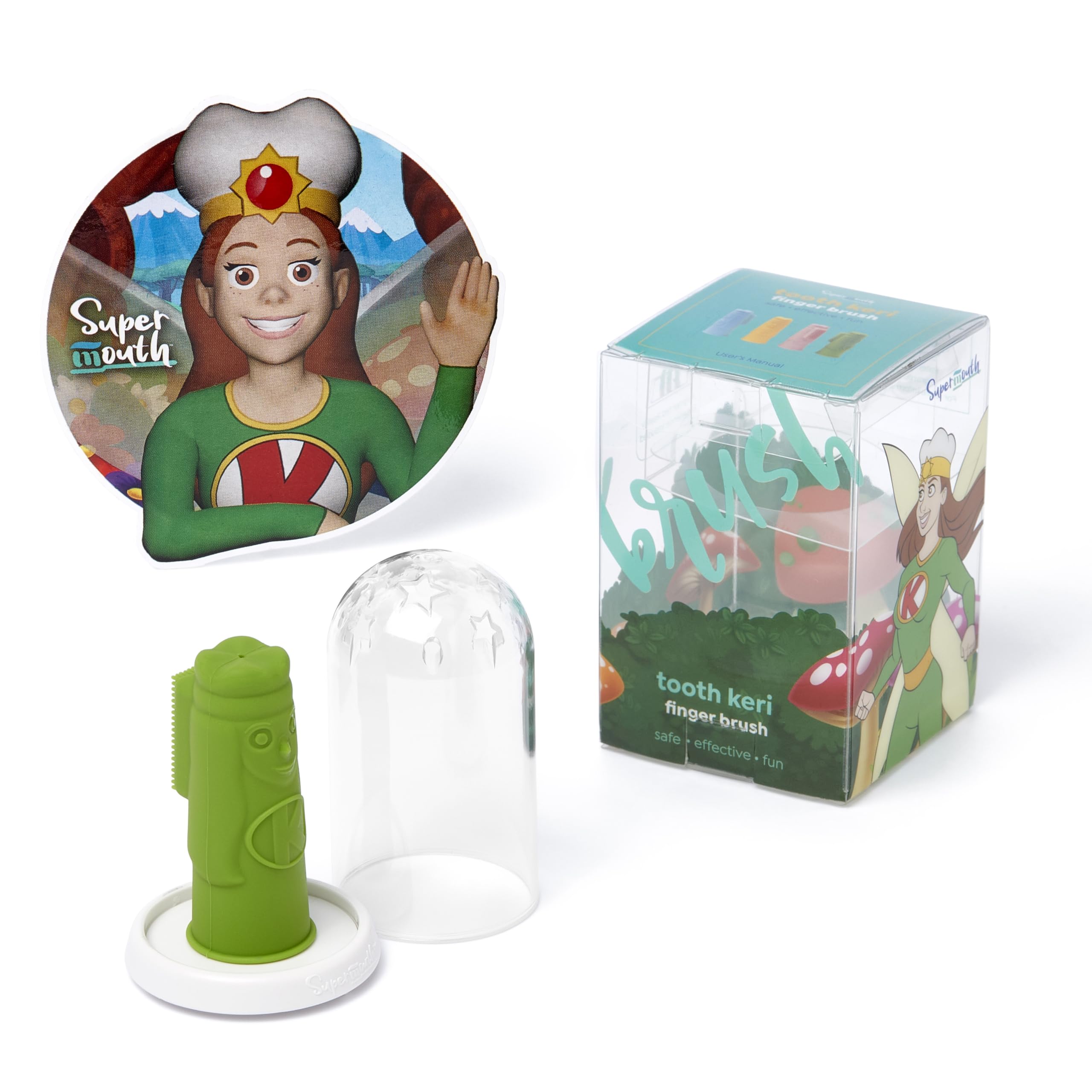 Front view of SuperMouth Tooth Keri Baby Finger Brush with soft silicone bristles
