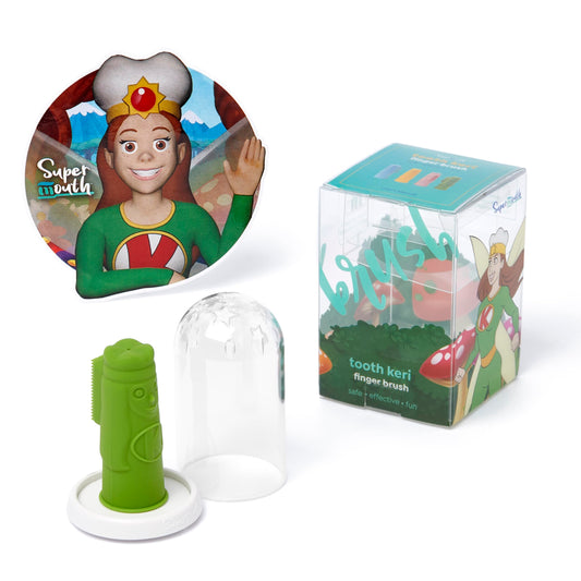 Front view of SuperMouth Tooth Keri Baby Finger Brush with soft silicone bristles