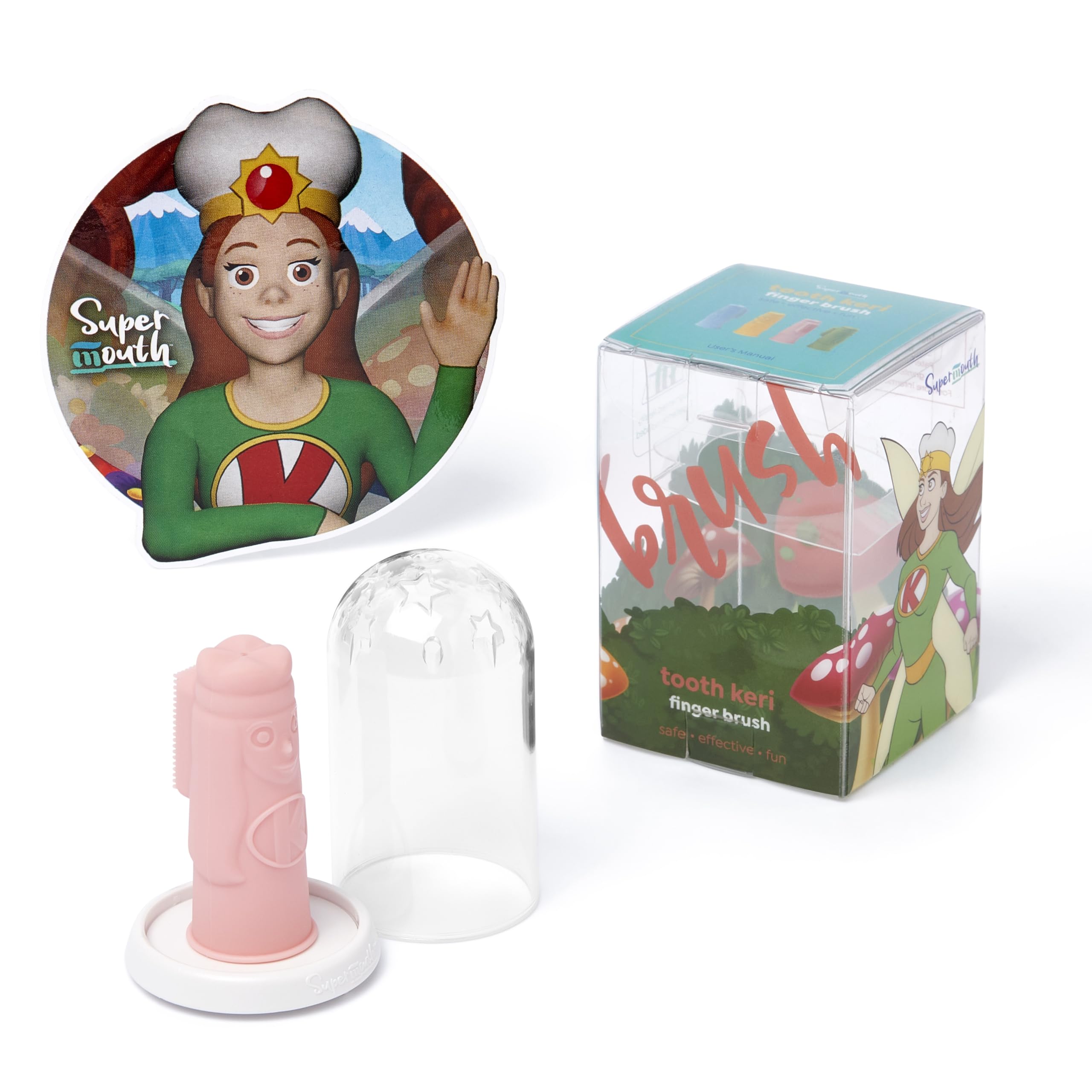 SuperMouth Tooth Keri baby finger brush with soft silicone bristles.