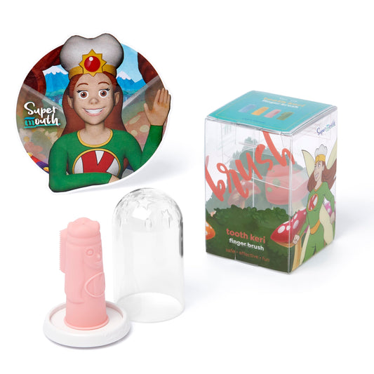 SuperMouth Tooth Keri baby finger brush with soft silicone bristles.