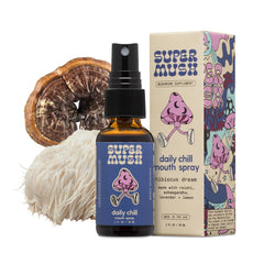 Product bottle of SuperMush Daily Chill Mouth Spray with Reishi and Hibiscus flavor