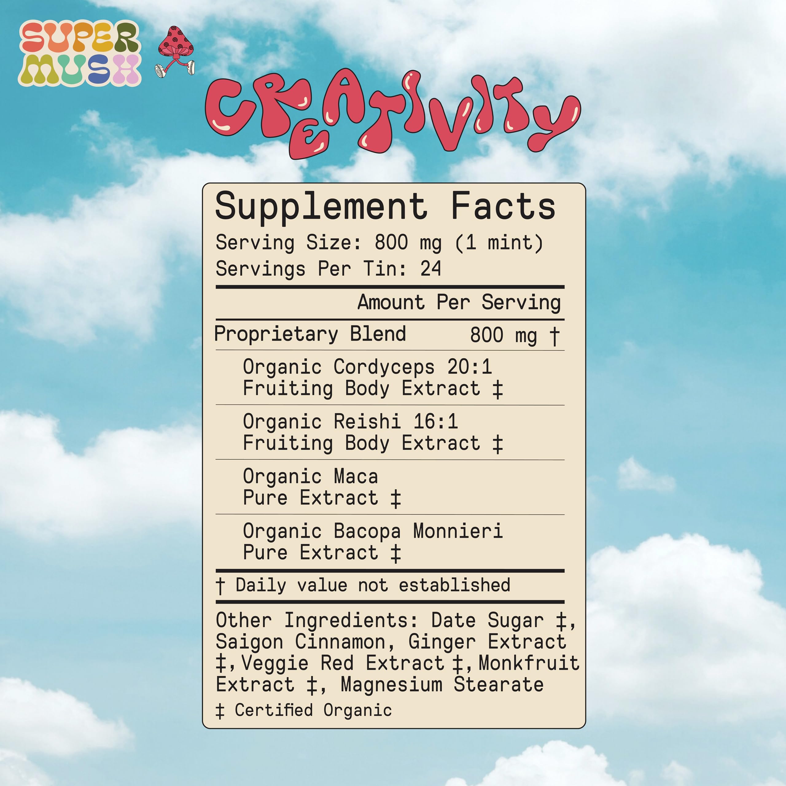 Hero ingredients display: cordyceps, reishi, maca and bacopa
