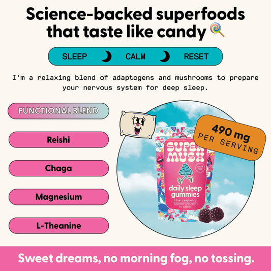 Back nutrition label of SuperMush Sleep Gummies bottle.