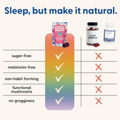Vegan, gluten-free, sugar-free label on SuperMush Sleep Gummies.