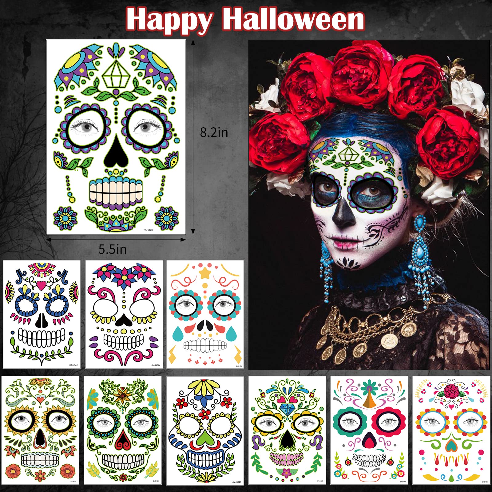 Supersfel Day of the Dead tattoo sheet with vibrant sugar skull rose designs