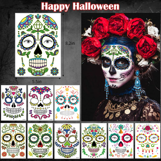 Supersfel Day of the Dead tattoo sheet with vibrant sugar skull rose designs