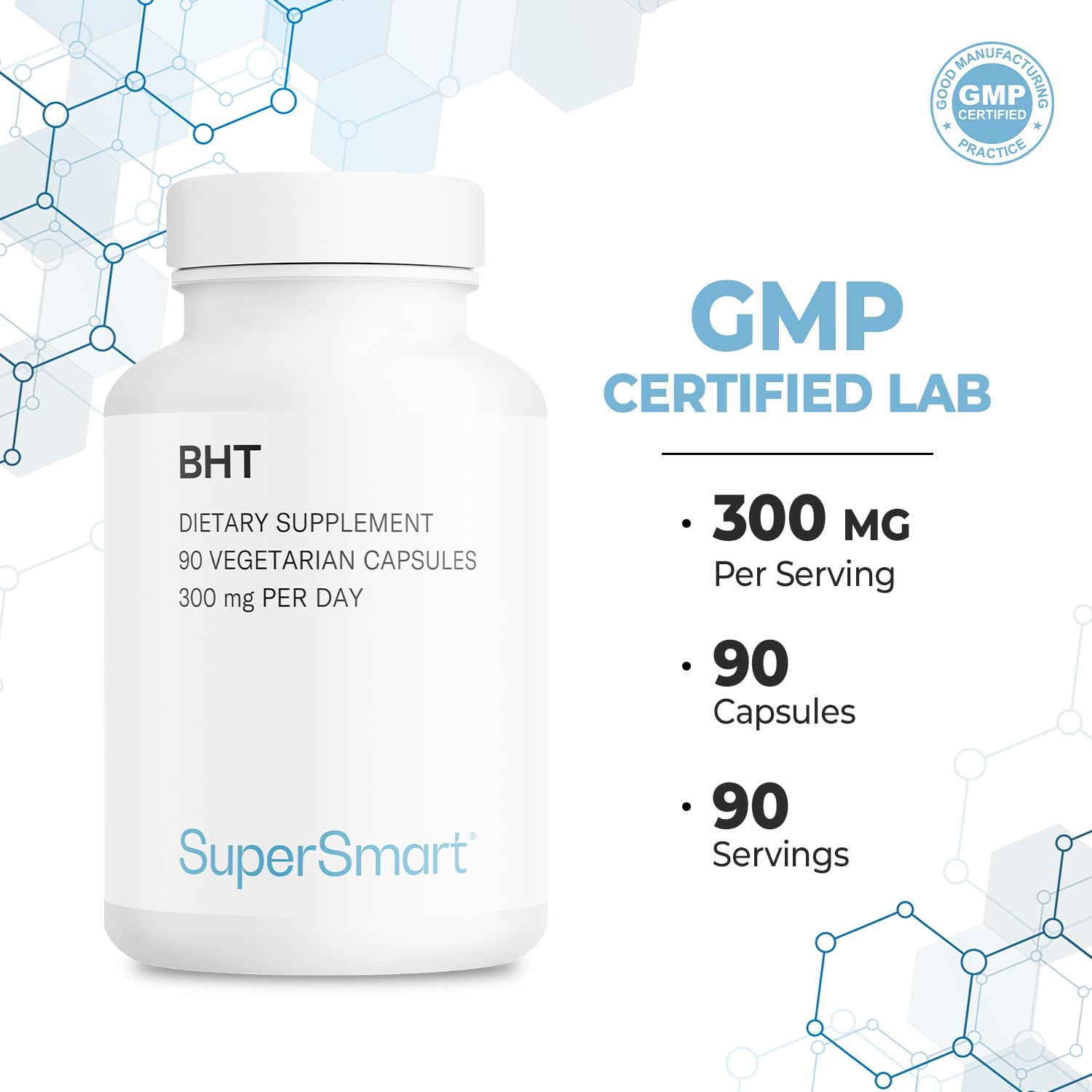 Non-GMO and gluten-free labeling for Supersmart BHT supplement