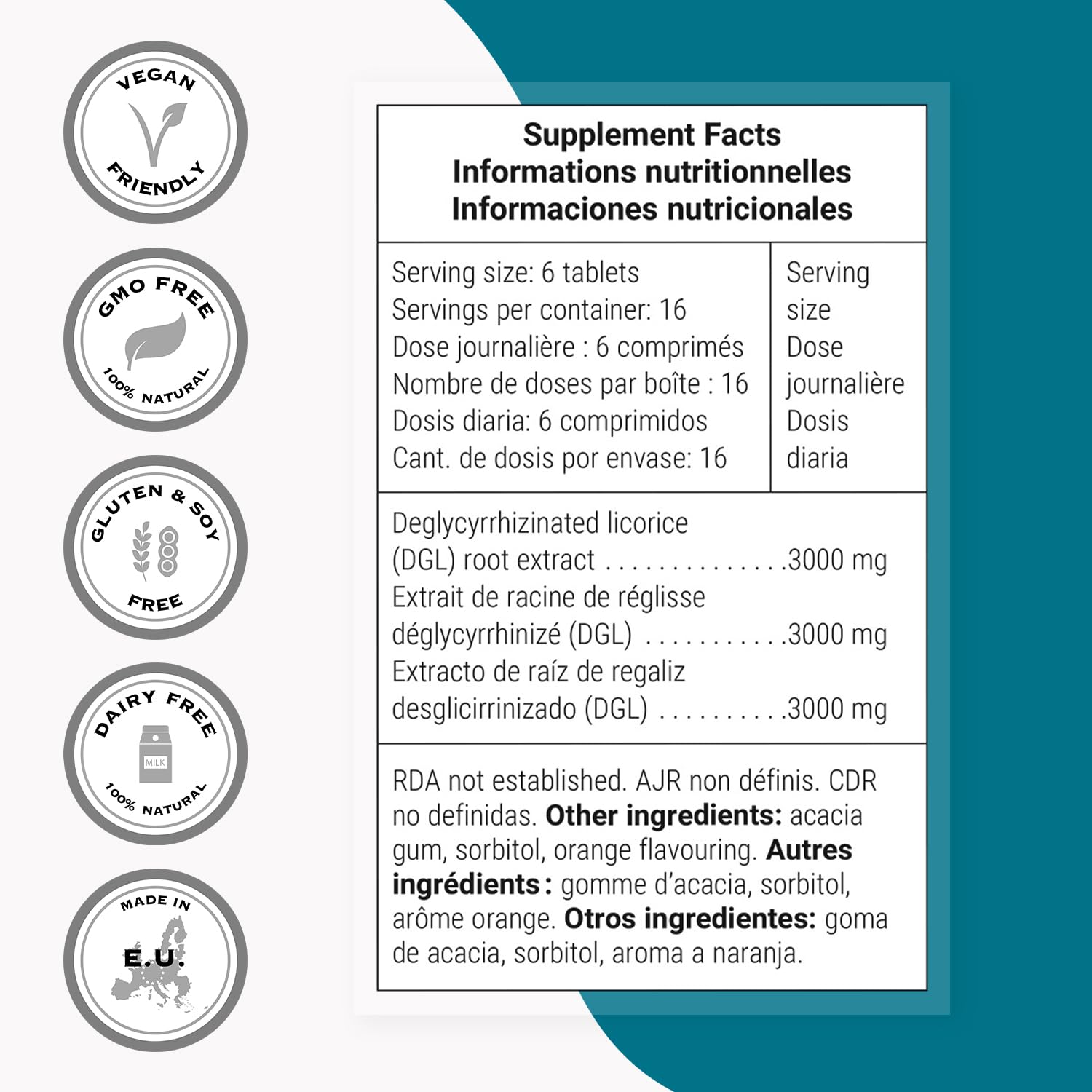 Close-up of DGL orange-flavored chewable tablets