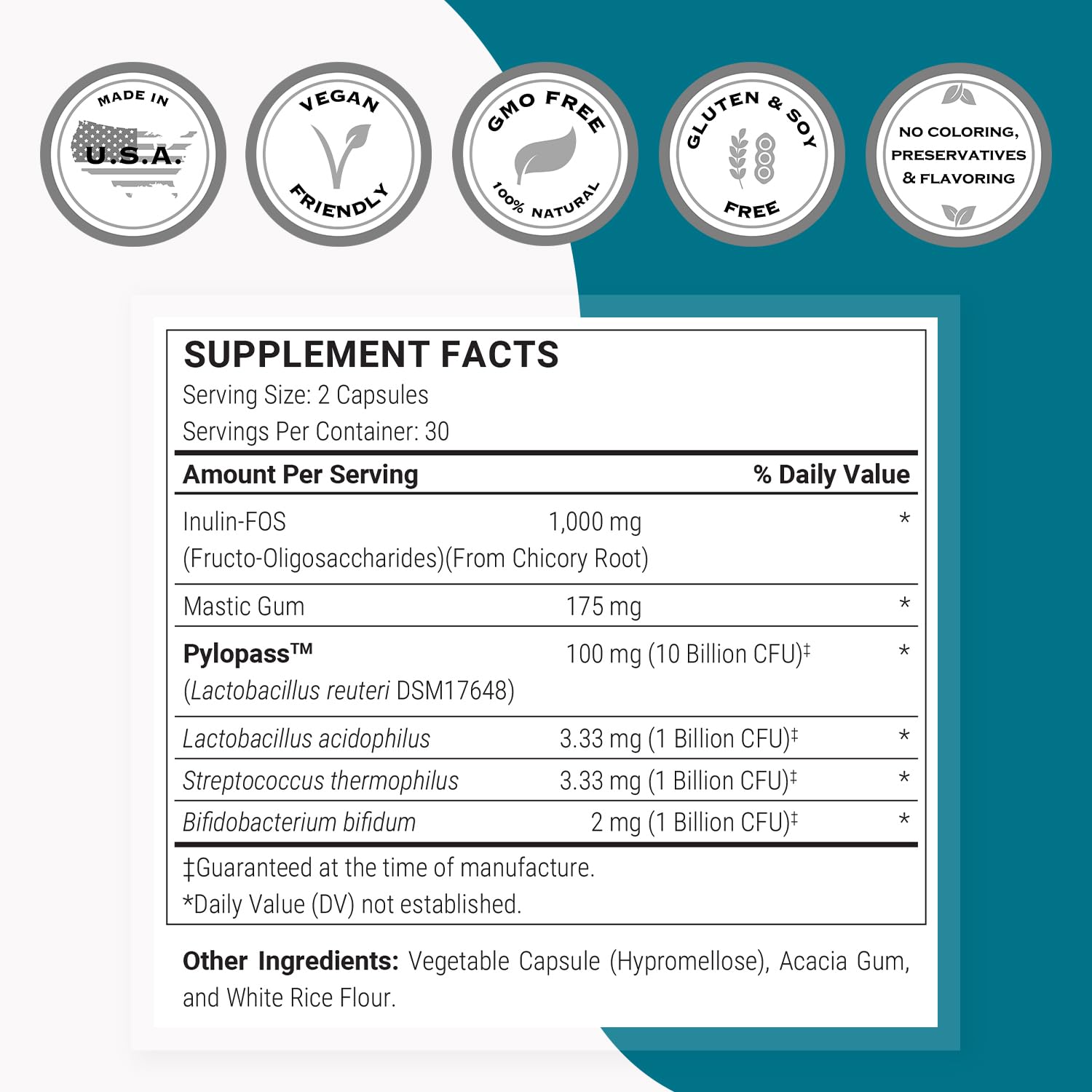 Ingredients including mastic gum and probiotics
