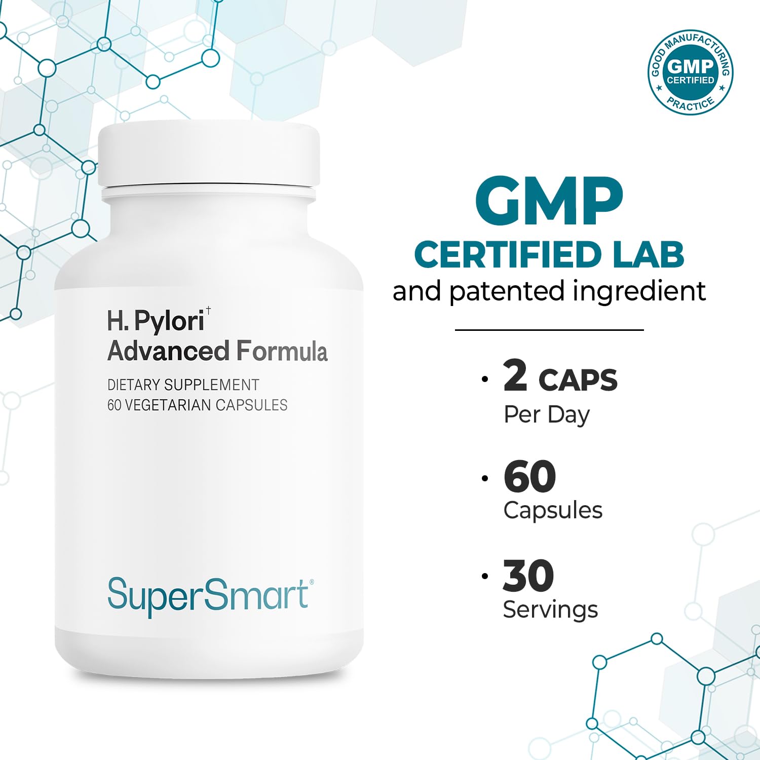 Supersmart probiotic blend detail emphasizing Pylopass reuteri with mastic gum