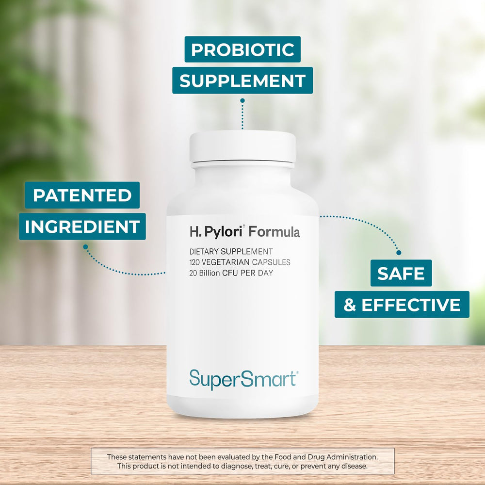 Supersmart H. Pylori capsules closeup highlighting daily 20 billion CFU potential.