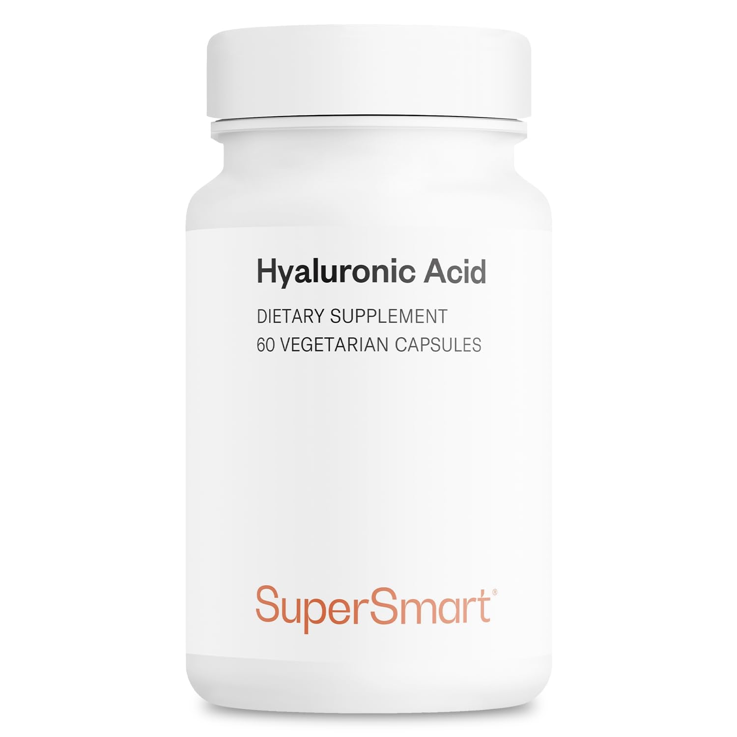 Bottle of Supersmart Hyaluronic Acid supplement with 60 vegetarian capsules
