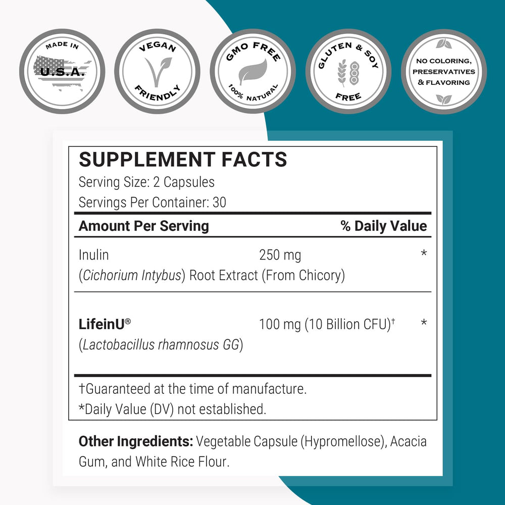 Label showing Lactobacillus rhamnosus GG and Inulin FOS