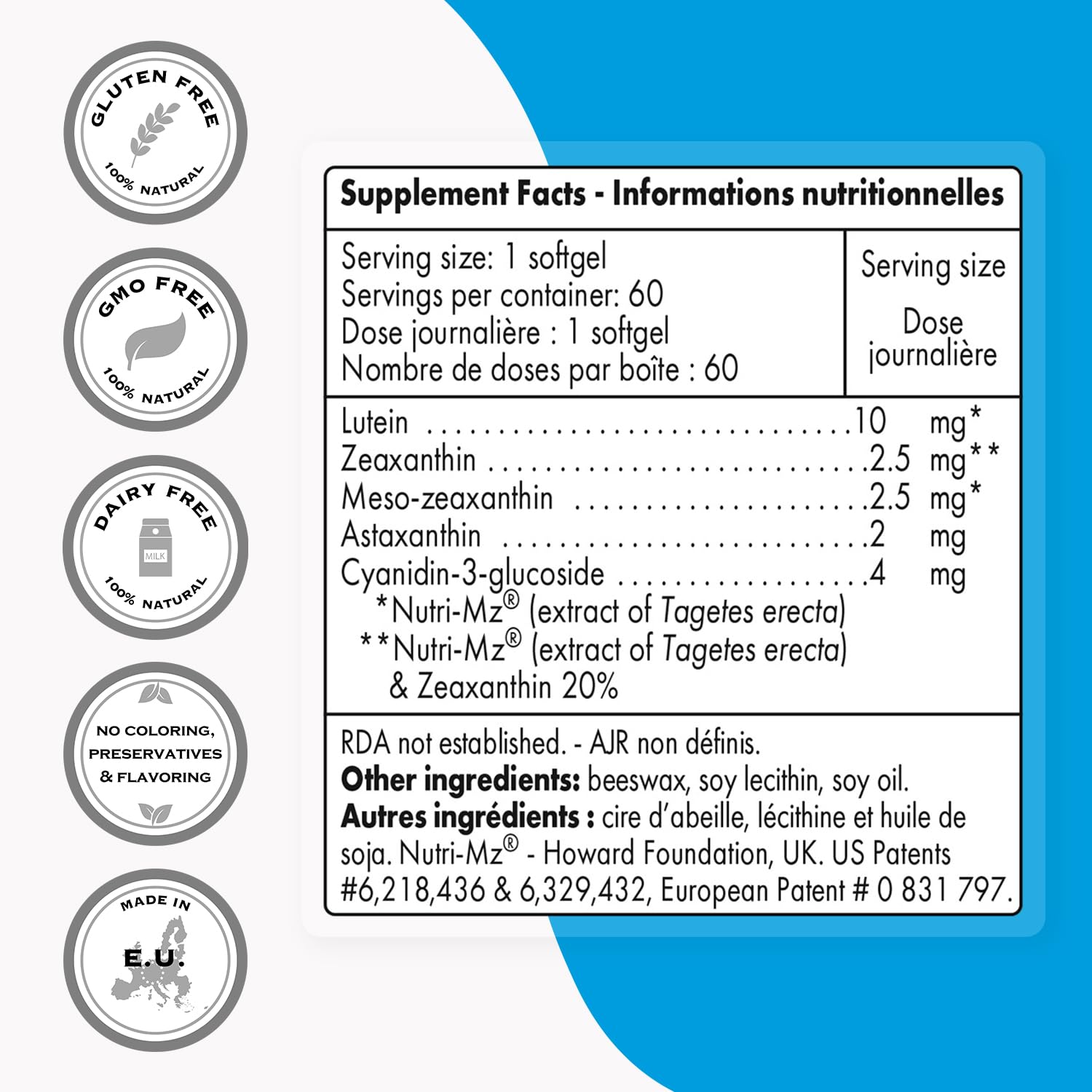 Close-up of ingredients: lutein, zeaxanthin and related antioxidants