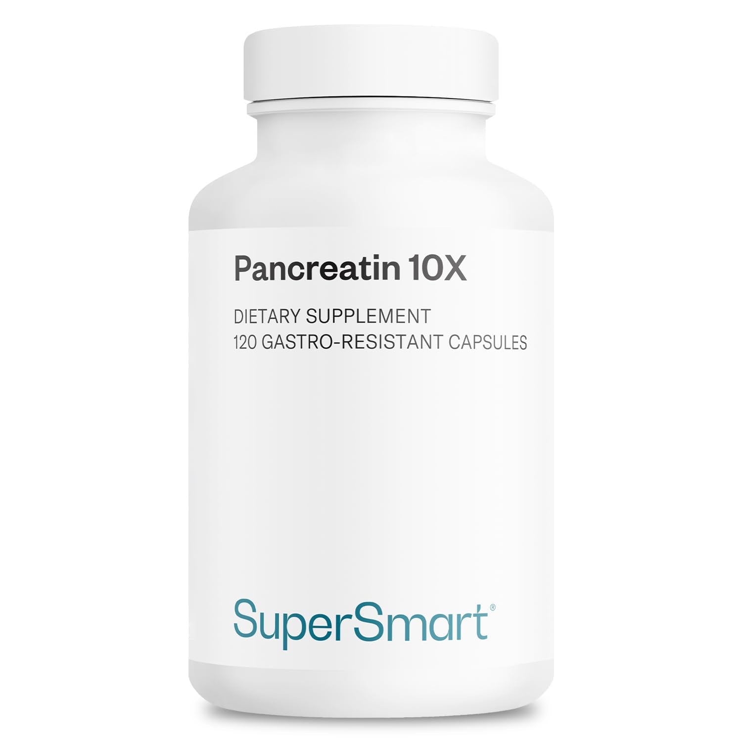 Bottle of Supersmart Pancreatin 10X 4000 per Day supplement on shelf