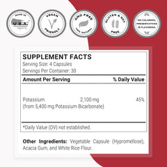 Product label highlighting potassium bicarbonate 5400 mg daily