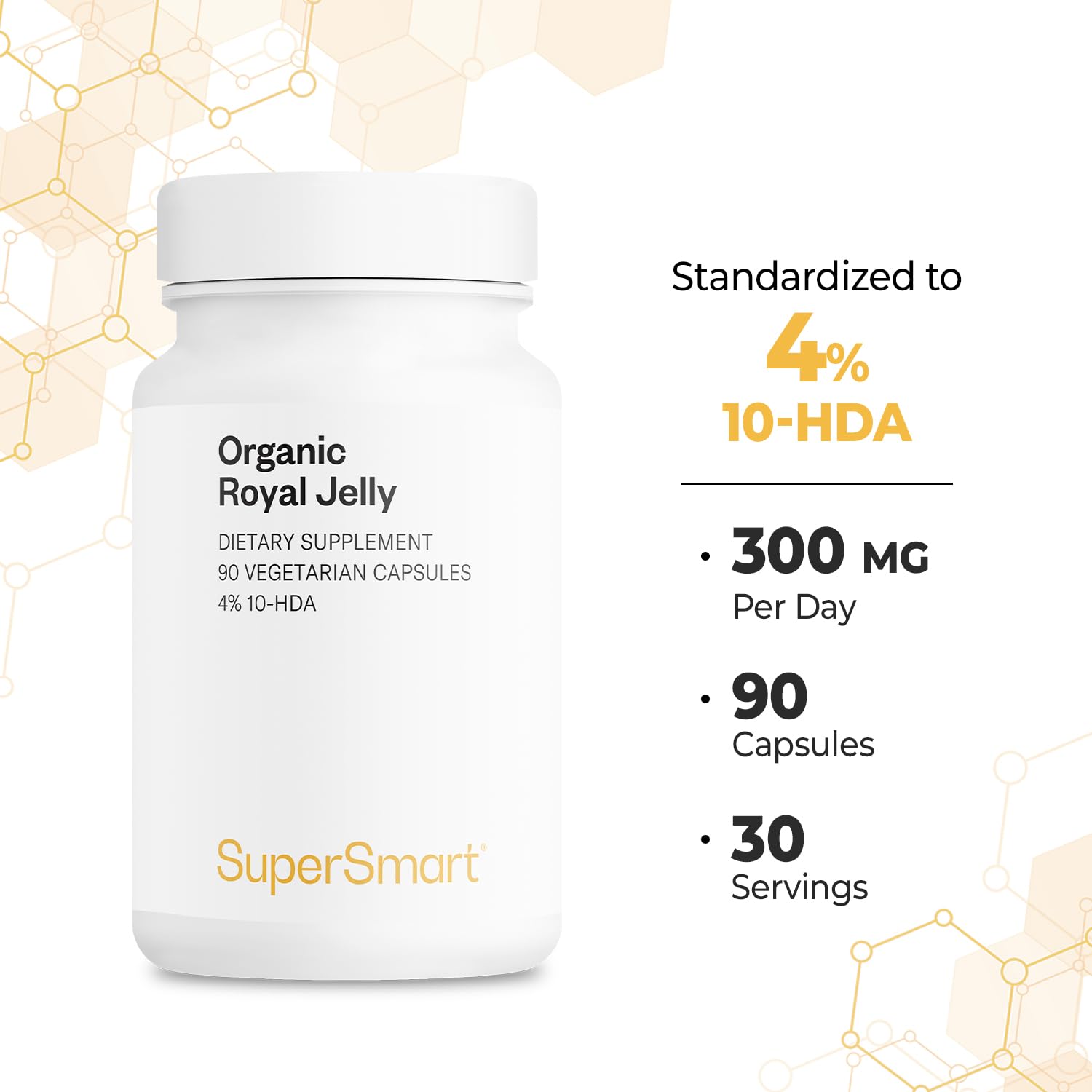 Product packaging and bottle of Supersmart Royal Jelly 90 capsules
