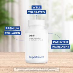 Non-GMO and Gluten Free badges on Supersmart UC-II bottle