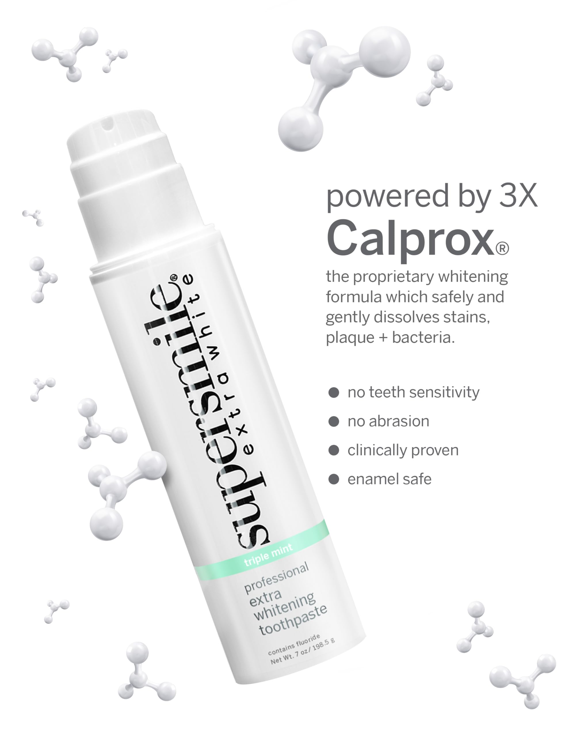 Side view of Supersmile Extra White Triple Mint toothpaste in 7 oz pump
