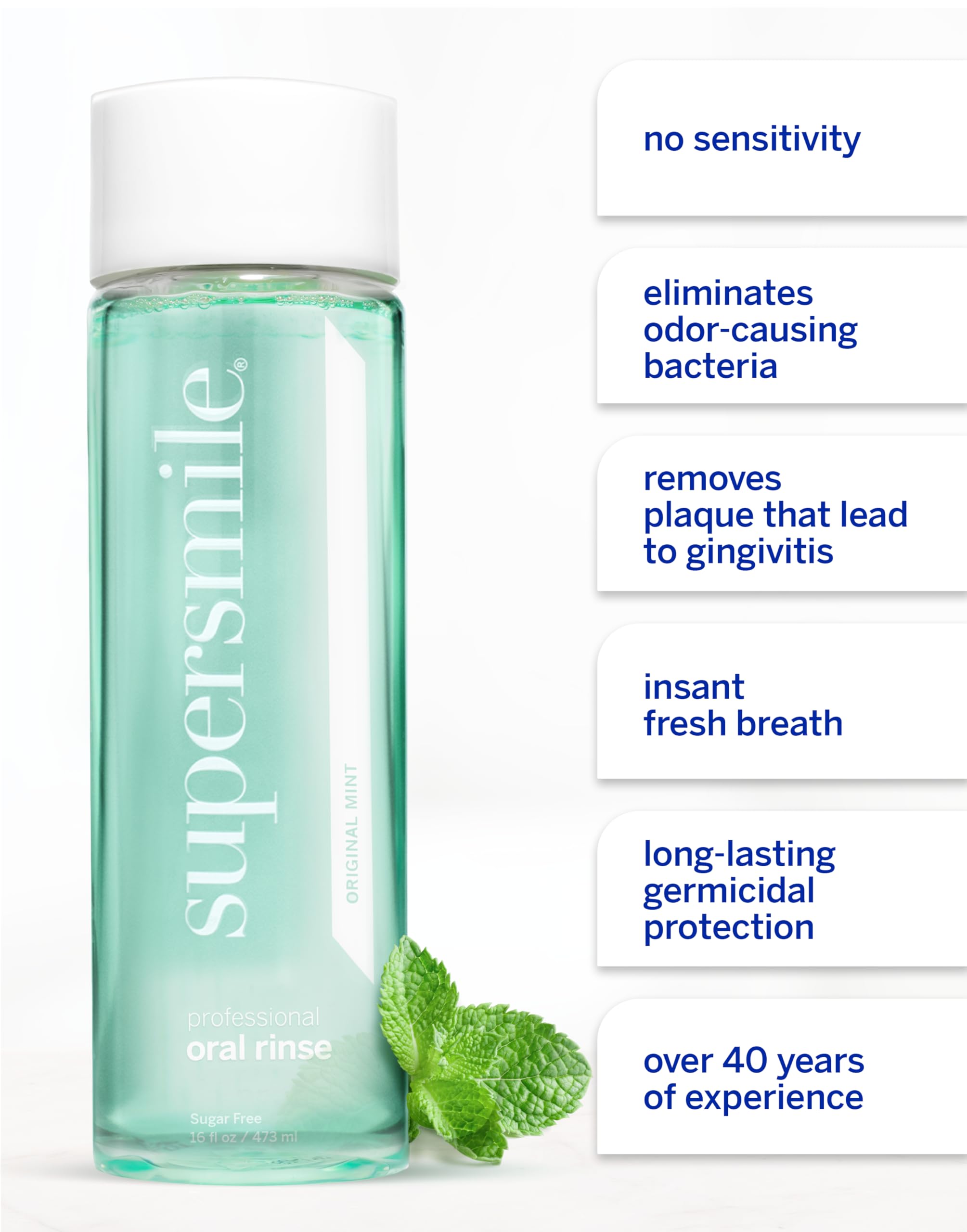 Close-up of Supersmile label on mint mouthwash bottle