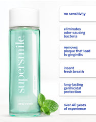 Close-up of Supersmile label on mint mouthwash bottle