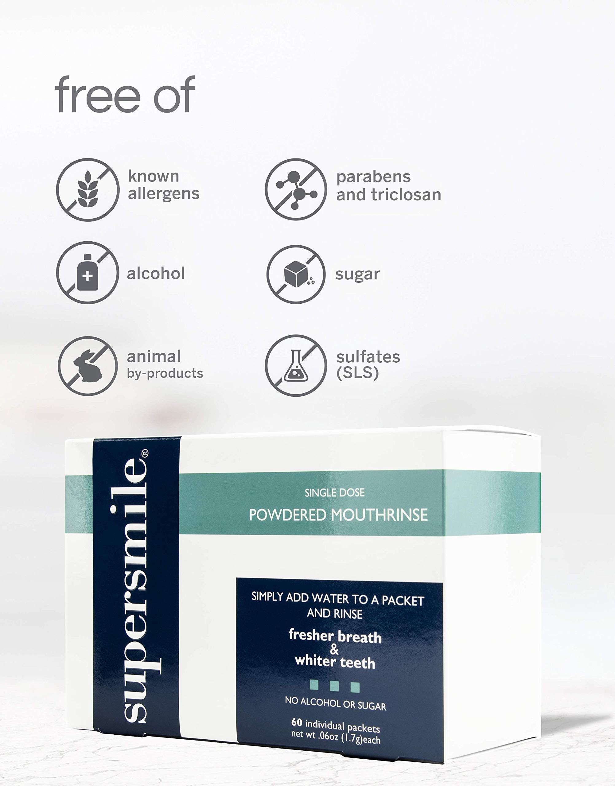 Close-up of Supersmile powdered mouth rinse packets