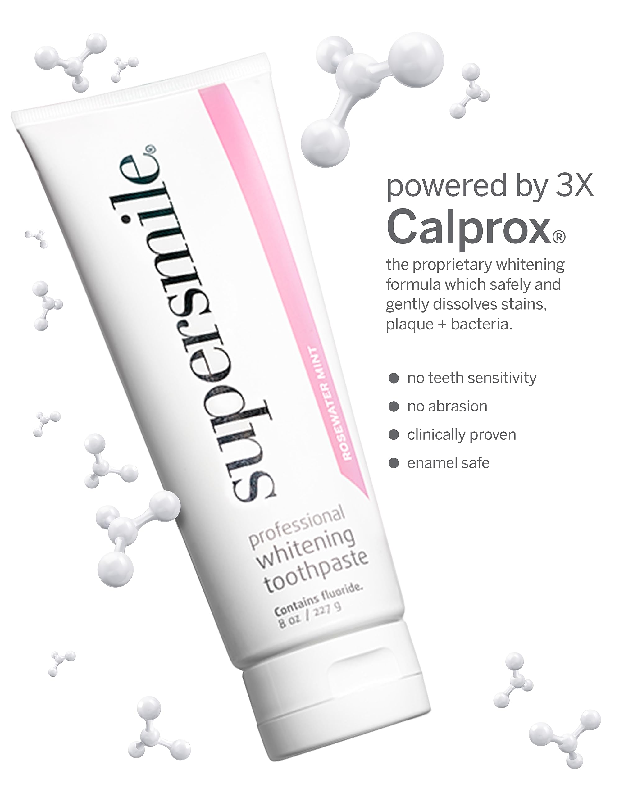 Package front of Supersmile Rosewater Mint toothpaste 8 oz