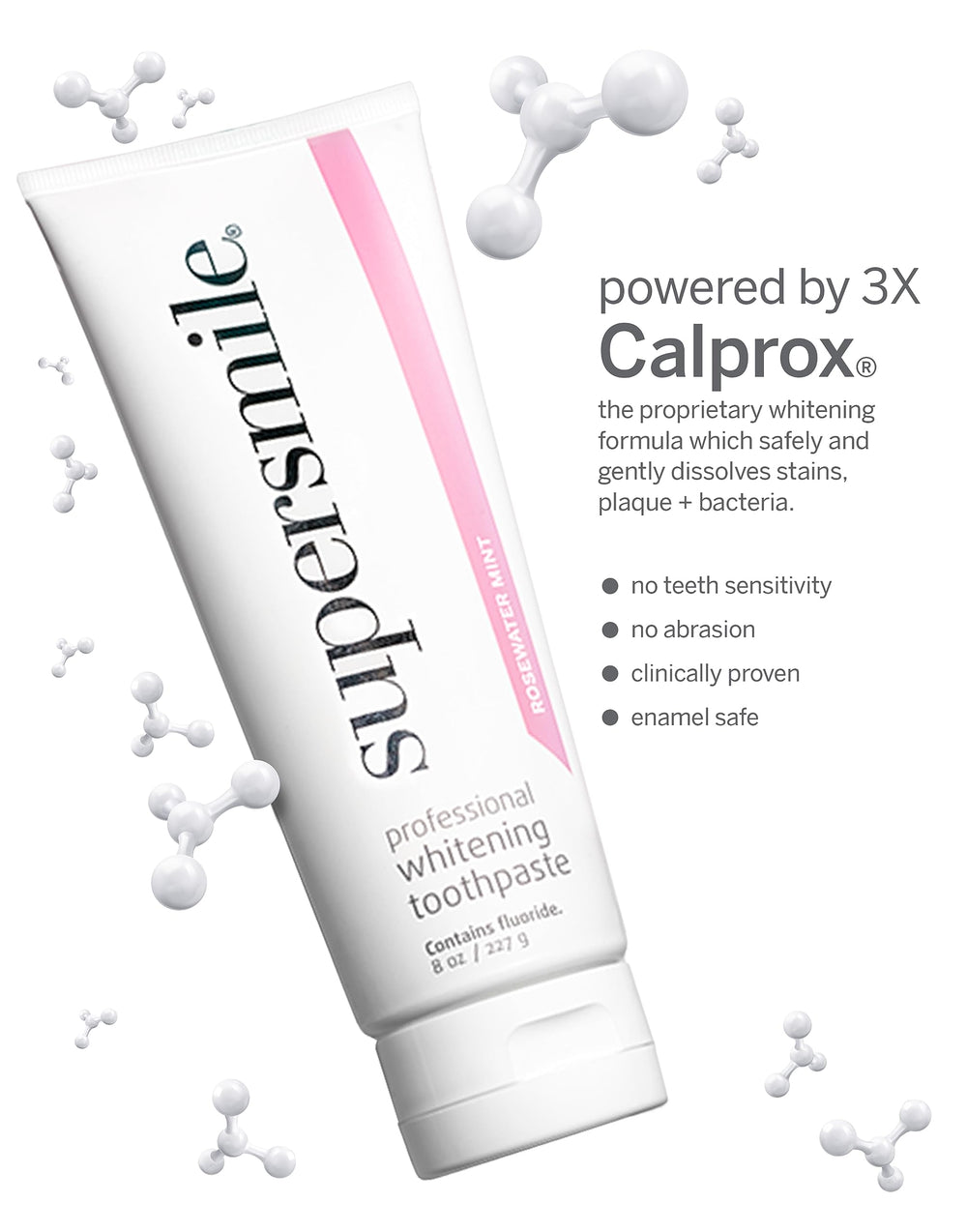 Package front of Supersmile Rosewater Mint toothpaste 8 oz