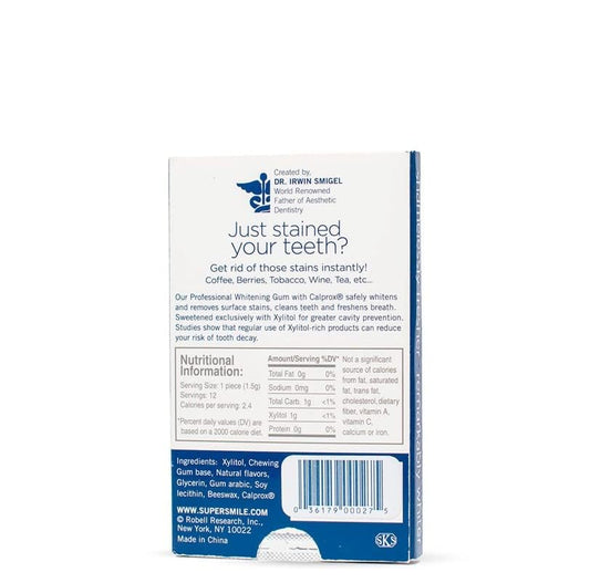 Back panel of Supersmile Gum showing per-pack information