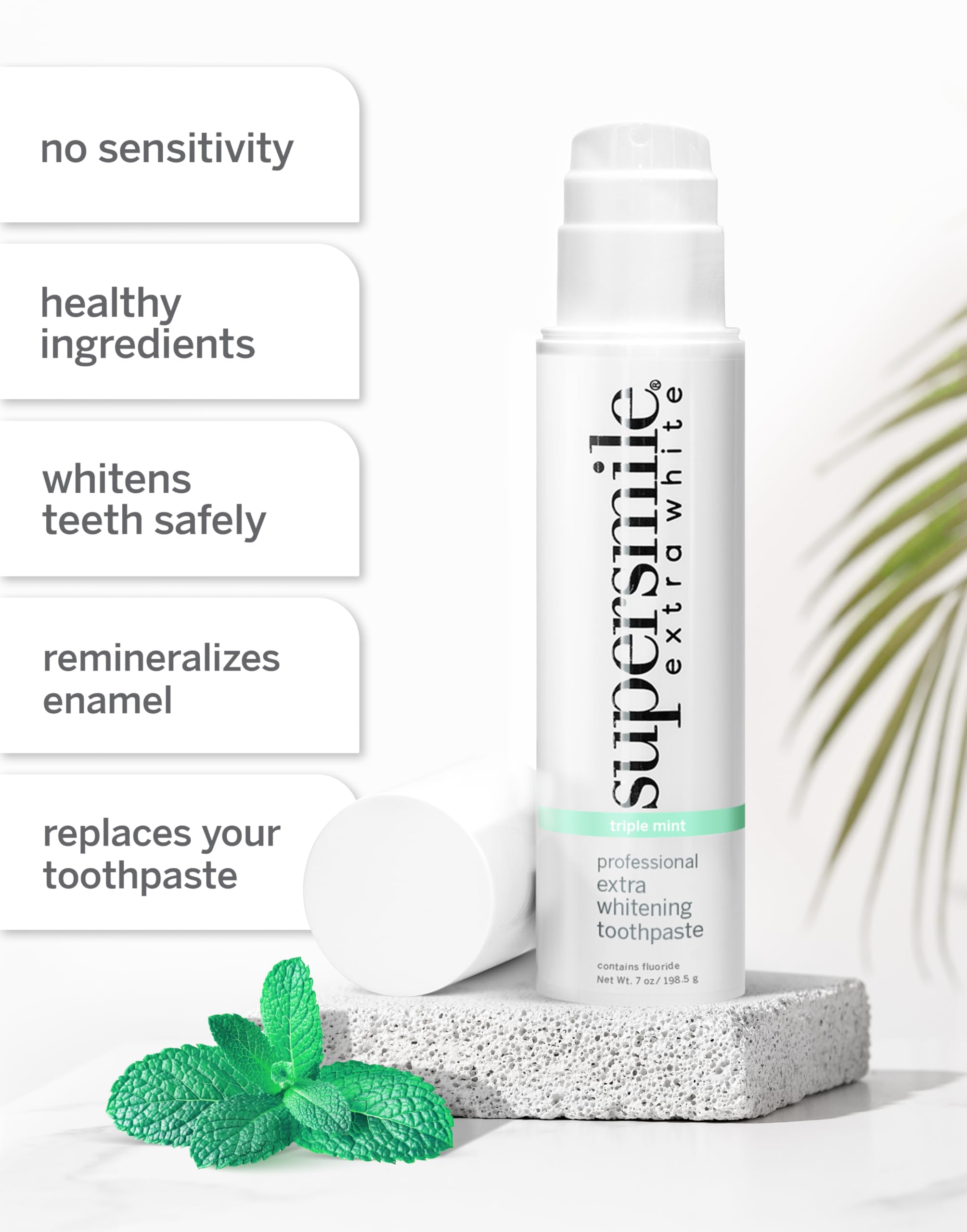 Packaging of Supersmile Extra White Triple Mint toothpaste 7 oz
