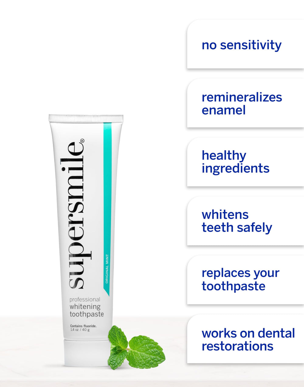 Packaging display showing Supersmile toothpaste and enamel care